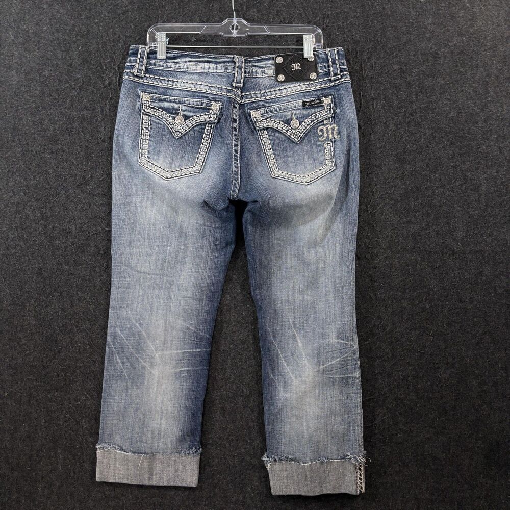Miss Me Easy Cropped Jeans Women's 31 Blue Medium Cuffed Rhinestone Embellished